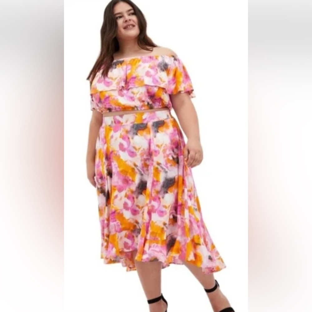 Torrid Pink and Orange Off-Shoulder Puff Sleeve Sundress